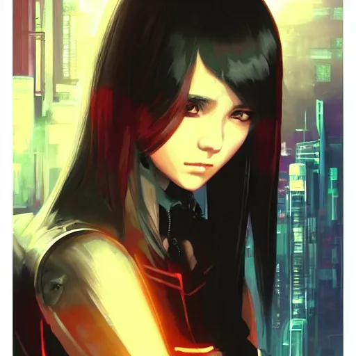 Image similar to A comic potrait of a cyberpunk cyborg girl with big and cute eyes, fine-face, realistic shaded perfect face, fine details. Night setting. Very anime style. Realistic shaded lighting poster by Ilya Kuvshinov katsuhiro, magali villeneuve, artgerm, Jeremy Lipkin and Michael Garmash, Rob Rey and Kentarõ Miura style, trending on art station