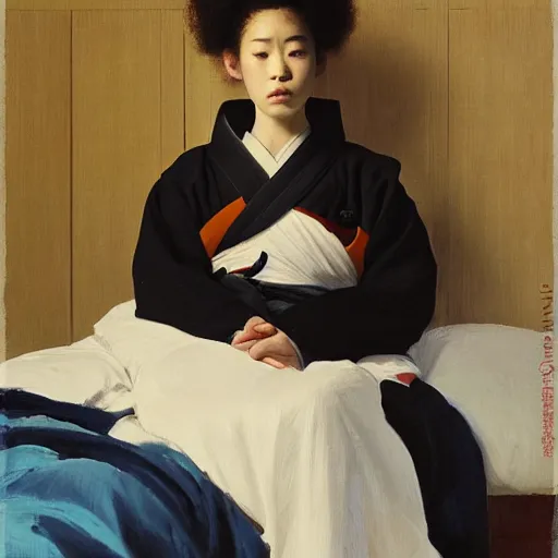 Prompt: girl with a samurai mask on, with afro, in kimono, frontview, sitting on edge of the bed, by jeremy lipking, tim rees, joseph todorovitch