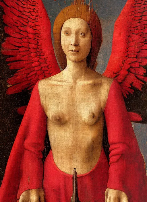 Image similar to fallen angel dressed in red with wings by Jan van Eyck, Hieronymus Bosch, Johannes Vermeer 4k post-processing, highly detailed medieval painting