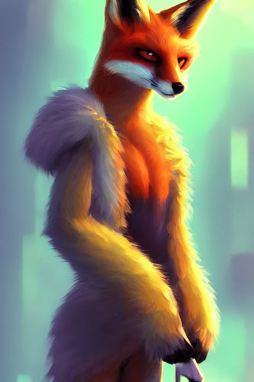 Image similar to a fox fursona, trending on artstation, by kawacy, furry art, digital art, cyberpunk, high quality, backlighting