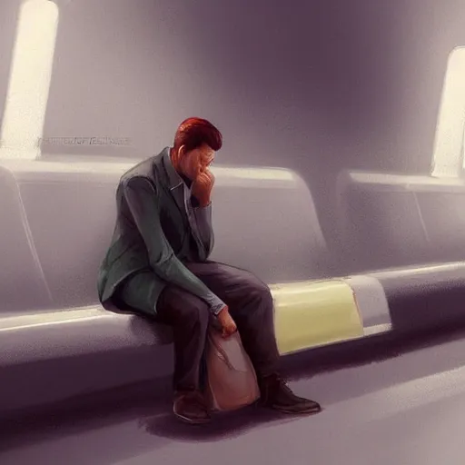 Prompt: a beautiful painting of a lonely man sitting in a subway seat by artgerm, concept art, cinematic lighting