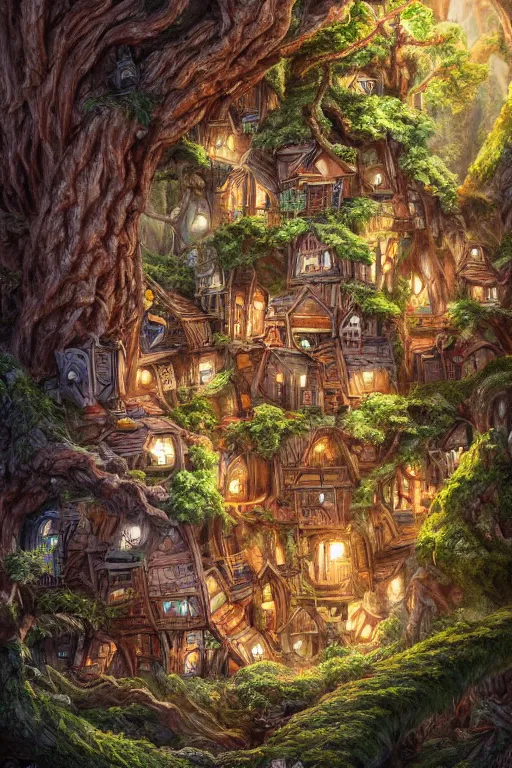 Prompt: a miniature city built into the trunk of a single colossal tree in the forest, with tiny people, in the style of jesper ejsing, lit windows, close - up, low angle, wide angle, awe - inspiring, highly detailed digital art