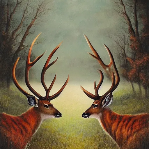 Image similar to a painting of deer in tiger skin and normal deer facing each other, their heads bowed towards ground by esao andrews