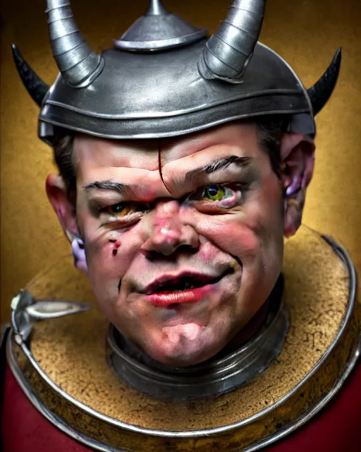 Image similar to highly detailed closeup, face profile portrait of a tin toy matt damon as a medieval demon with horns eating cakes in a castle, hyper realistic, artstation, illustration, nicoletta ceccoli, mark ryden, lostfish, dan decarlo, bob clampett, max fleischer, digital paint, matte paint, vivid colors, detailed and intricate environment