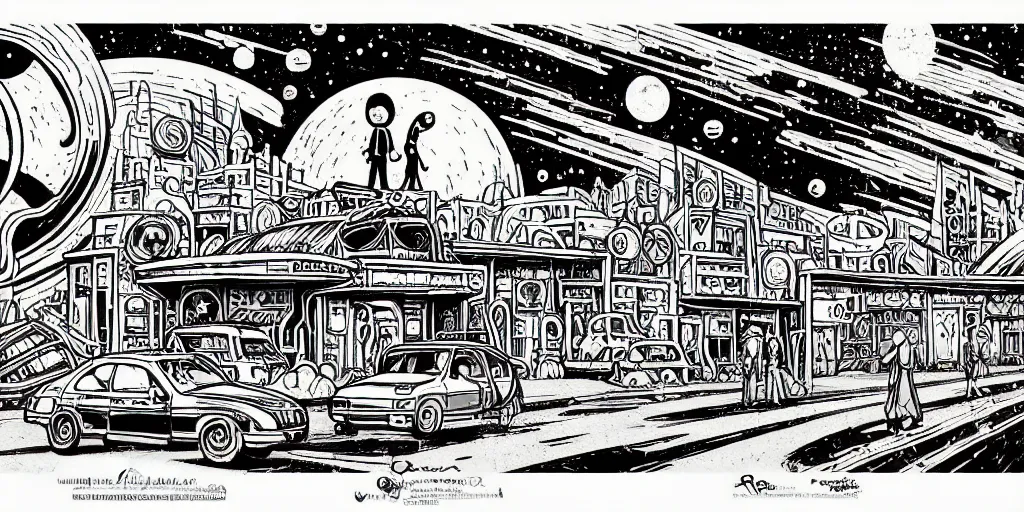 Prompt: traditional drawn colorful animation a car solo stranger with sad face pacing to valley symmetrical architecture on the ground, space station planet afar, planet surface, ground, rocket launcher, outer worlds extraterrestrial hyper contrast well drawn Metal Hurlant Pilote and Pif in Jean Henri Gaston Giraud animation film The Masters of Time FANTASTIC PLANET La planète sauvage animation by René Laloux