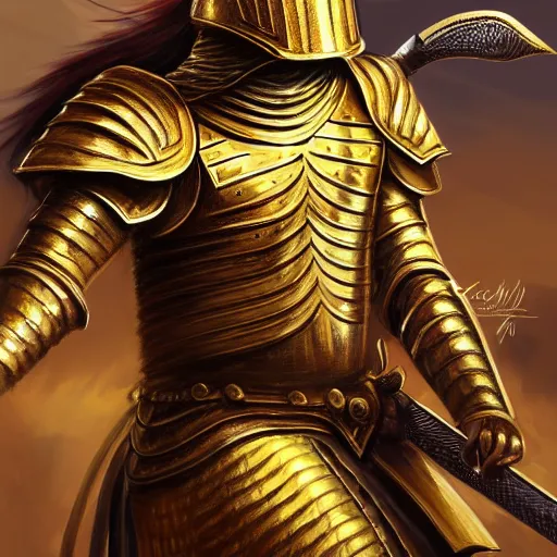 Image similar to Hyper-realistic painting of the King of the Desert, Warrior at war, battle field, action, Gold Armour suit, Sword, handsome attractive face, attractive young man, beautiful face, dramatic lighting, majestic, D&D, fantasy, elegant, intricate, highly detailed, digital painting, concept art, sharp focus, illustration, trending on artstation, art by artgerm and greg rutkowski and alphonse mucha