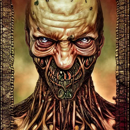 Image similar to bodyhorror portrait of ramzan kadyrov who became an ugly lovecraftian monstrosity, photo - realistic, color image, 2 k, highly detailed, horror, by giger