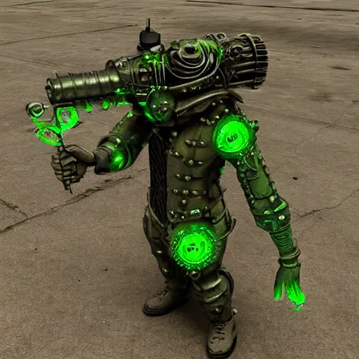 Image similar to highly detailed steampunk morbid obese undead heavy soldier with heavy machine guns, intricate, rusty, green radioactive glow, toxic waste, 3D render