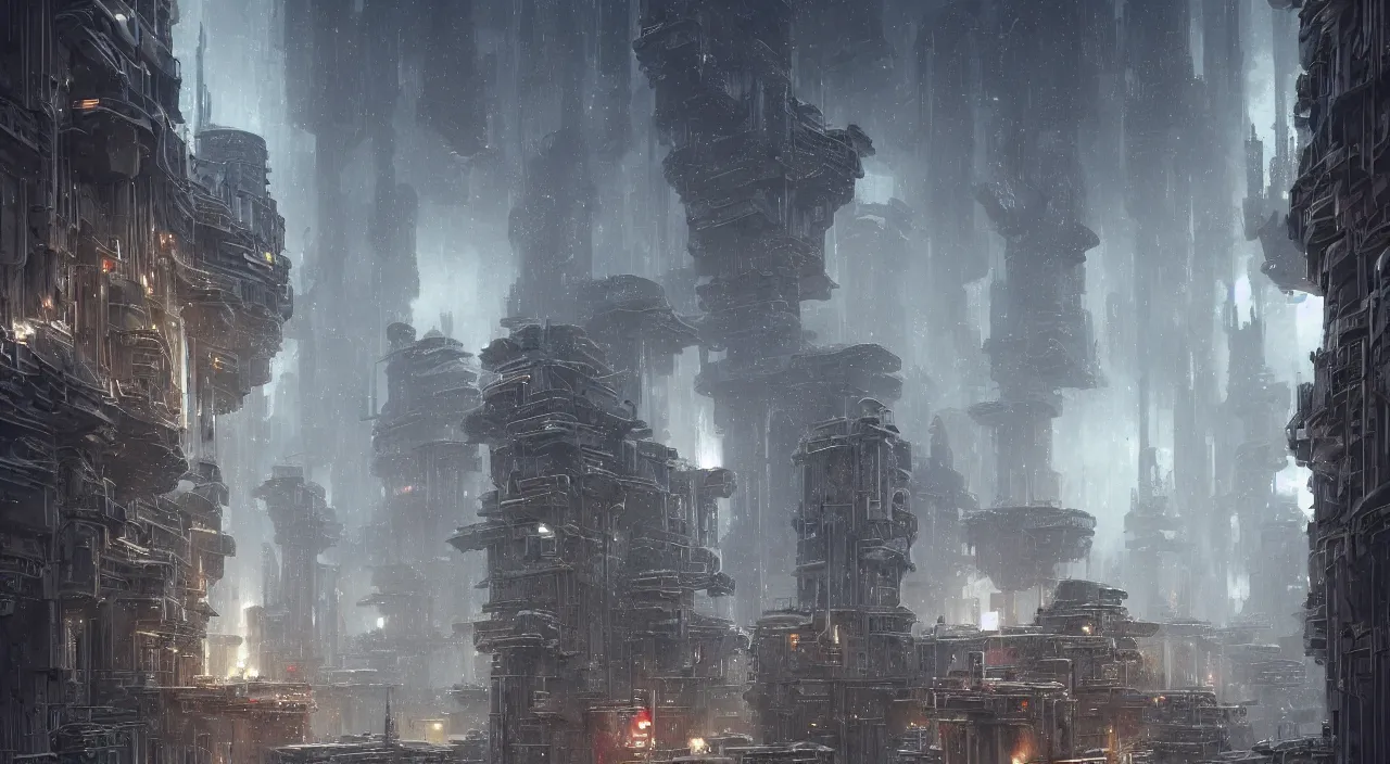 Image similar to highly detailed brutalist architecture city, star wars imperial style, while it's snowing, stephen bliss, unreal engine, fantasy art by greg rutkowski, loish, rhads, ferdinand knab, makoto shinkai, ilya kuvshinov, rossdraws, global illumination, radiant light, detailed and intricate environment