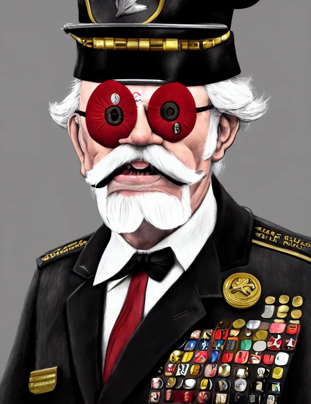 Image similar to a photographic portrait of colonel sanders wearing a military uniform and a black eyepatch over his left eye, by moebius and tyler edlin and hr giger, trending on artstation, digital art, 4 k resolution, detailed, high quality, sharp focus, hq artwork, coherent, insane detail, concept art