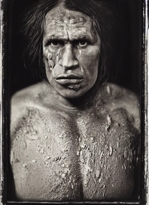Prompt: portrait of a neanderthaler, hyperrealism, photo realistic, detailed, award winning photograph, cinematic lighting, ambrotype wet plate collodion by richard avedon and shane balkowitsch