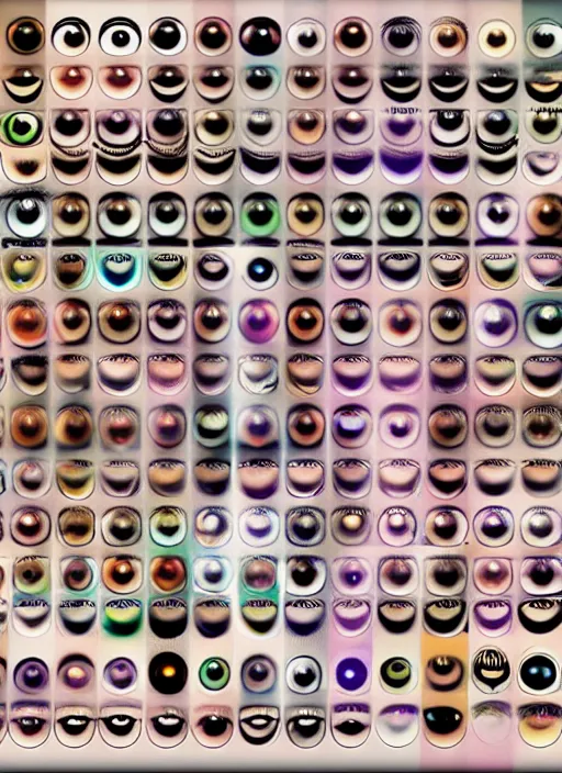Image similar to diverse eyes!, dot pupils, vitals visualiser!!, advanced art, art styles mix, from wikipedia, grid of styles, various eye shapes