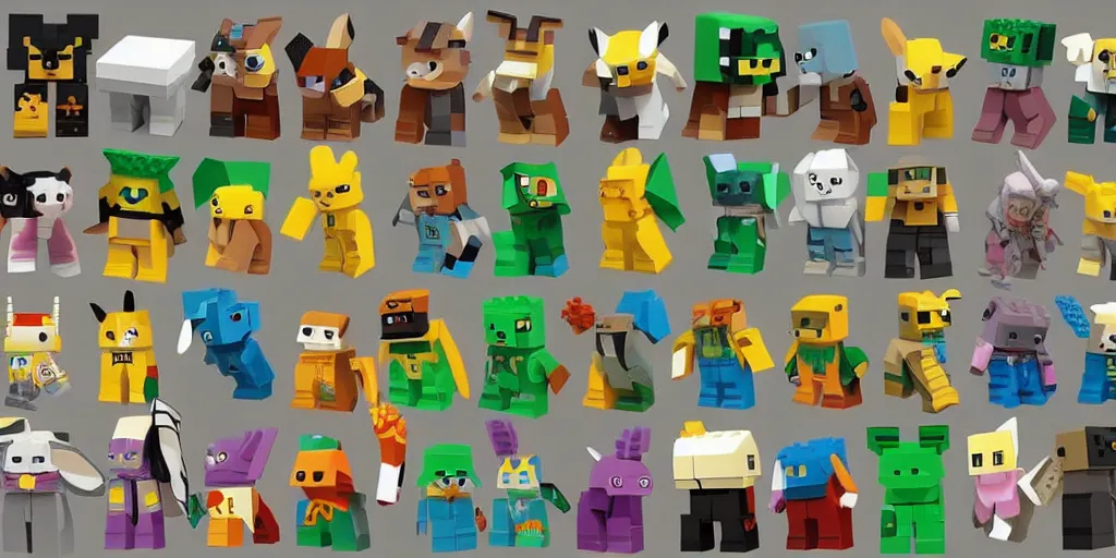 Image similar to small creatures made of a single brick, four legged, quadrupedal, cute looking, kawaii, sharp focus, character sheet, game concept art, blocky, lego mixels, japanese, flat toon style like katamari damacy inspired, pokemon inspired, blocky like minecraft