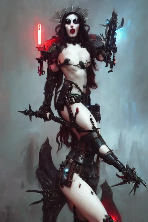 Prompt: Portrait of beautiful pale laughing cyborg goth maiden in bikini armor with crown of thorns and glowing red eyes, steampunc, Warhammer 40000, digital art from artstation by Ruan Jia and Mandy Jurgens and Artgerm and william-adolphe bouguereau