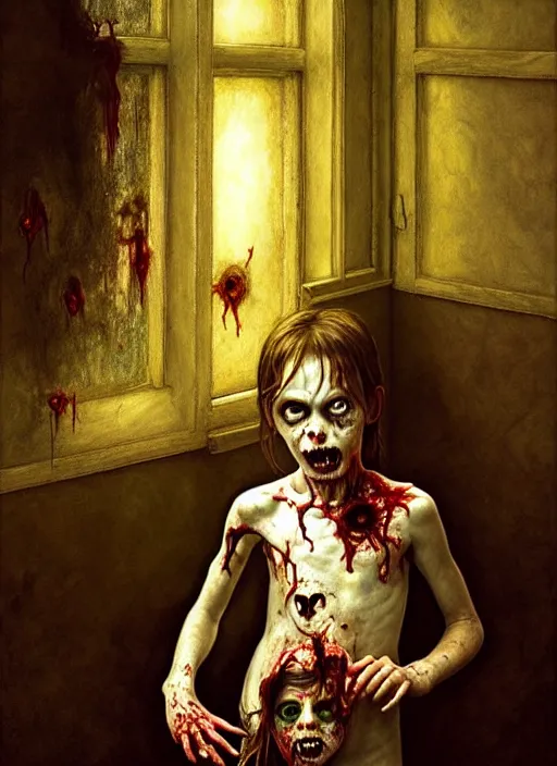 Prompt: a zombie child in a dark living room, diffuse lighting, fantasy, intricate, elegant, highly detailed, lifelike, photorealistic, digital painting, artstation, illustration, concept art, smooth, sharp focus, art by john collier and albert aublet and krenz cushart and artem demura and alphonse mucha