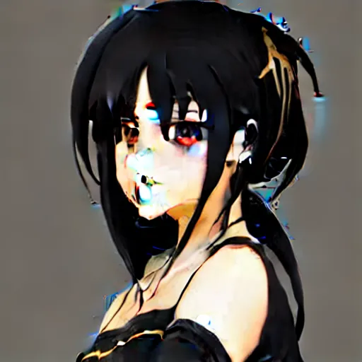 dark anime girl with blue hairs in library, AI Generated 23006684