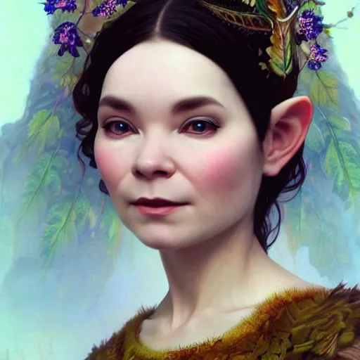 Image similar to portrait of bjork as dmt elf, 8 k highly detailed, sharp focus, illustration, art by artgerm, mucha, bouguereau