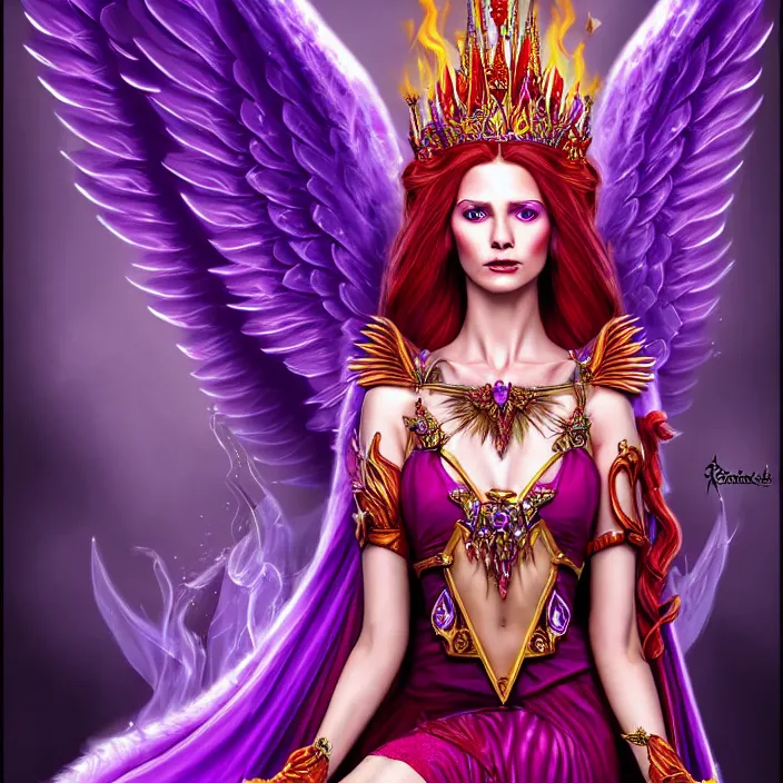 Image similar to Princess sorceress with red flaming bird wings on her back and sitting on an ornate throne dressed in a fancy purple dress, beautiful realistic symmetrical defined face, anatomically correct, Fantasy, Full Portrait, High detail, realistic, planeswalker