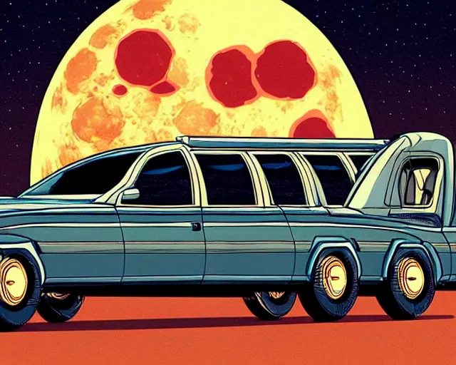 Image similar to a study of cell shaded cartoon big fat limousine, in front of a big moon, illustration, wide shot, muted colors, post grunge, concept art by josan gonzales and wlop, david rubin, mike mignola, laurie greasley, highly detailed, sharp focus, trending on artstation, hq, deviantart, art by artgem