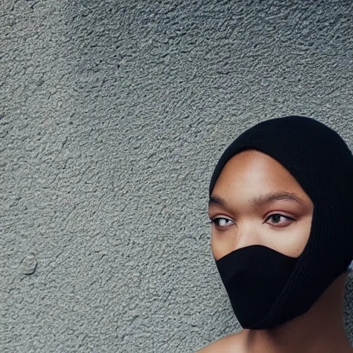 Image similar to realistic! photoshoot for a new balenciaga lookbook, color film photography, portrait of a beautiful woman wearing a balaclava mask, photo in style of tyler mitchell, fisheye lens