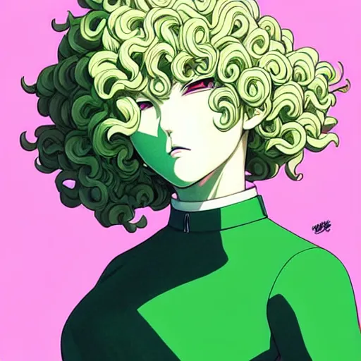 Prompt: portrait art of tatsumaki from one punch man, art by kuvshinov ilya, intricate, sharp focus, very detailed, warm colors, vibrant colors, detailed face, tatsumaki with green curly hair