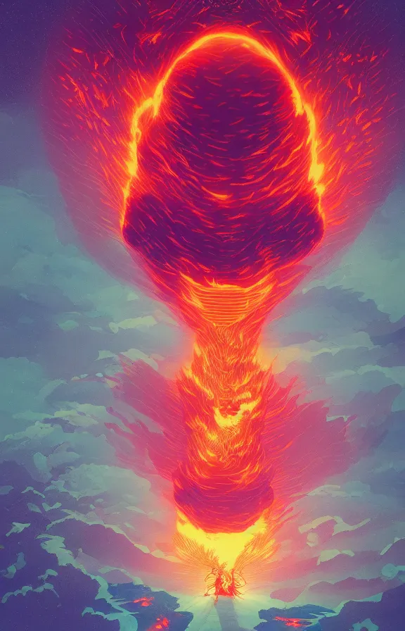 Prompt: sky view of a giant god entity burning down the earth with the power of AI, #A21A24 hex color, in the style of Victo ngai, 4k trending on artstation