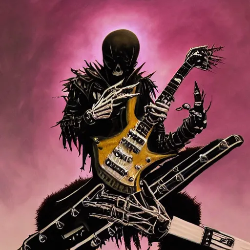 Image similar to a portrait of the grim reaper as a punk rocker playing an electric guitar, punk, skeleton face, mohawk, dark, fantasy, leather jackets, spiked collars, spiked wristbands, piercings, boots, electric guitars, motorcycles, ultrafine detailed painting by frank frazetta and vito acconci and michael whelan and takeshi obata, death note style, detailed painting