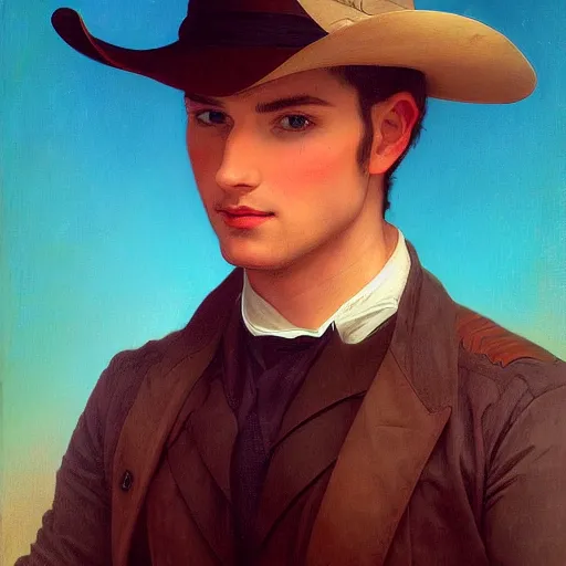 Image similar to a vintage portrait painting of a fantasy male gunslinger, art by tristan eaton and artgerm and william - adolphe bouguereau