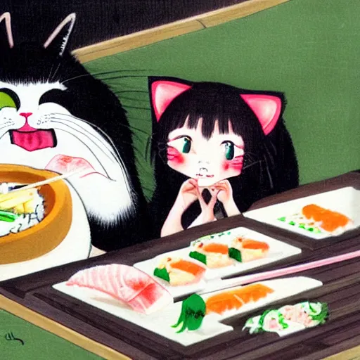 Prompt: Angry girl eats sushi while her jealous cat is watching, painting by Yoshitomo Nara