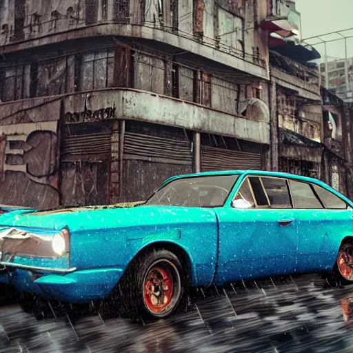 Prompt: Photo realistic render, 8K UHD, gasolinepunk style: ( background = gasolinepunk city street+ background detail = raining, gasolinepunk architecture, high detailed, large depth of field) + (subject =Gasolinepunk hover car, Artstation style + subject detailed = Aqua retro, flying, high detailed, high detailed texture render, highly accurate light refraction)