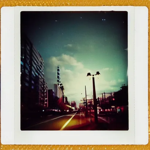 Image similar to instant photograph the night, polaroid, raw, beautiful, nostalgic, light leak, clouds, city