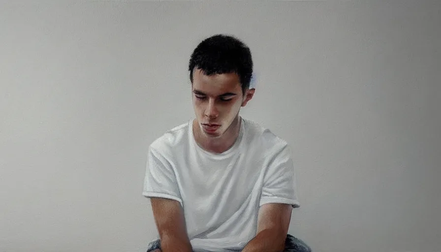 Image similar to a lonely sad young man in white clothes sits in a clean white empty apartment and stares into the distance, photorealistic painting