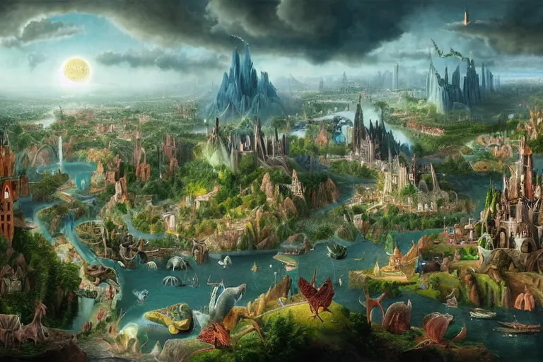 Prompt: a fantastic complex detailed matte painting of a magical city with many fanciful creatures by Heironymous Bosch