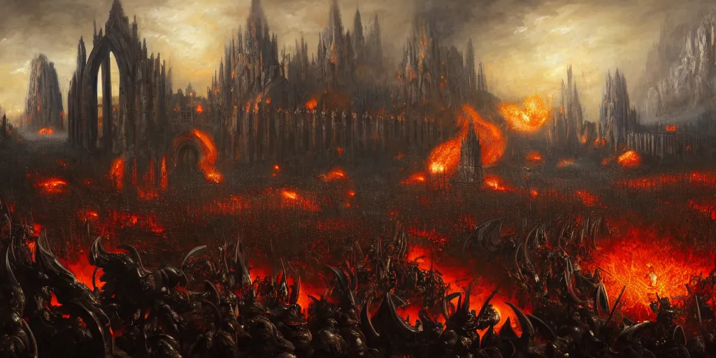 Prompt: highly detailed portrait painting of an ancient gods on hell horses war battle, abbey warhammer battle, old abbey in the background, character in the foreground, cathedrals, giant columns, arcane magic explosions by liang xing, 8 k resolution