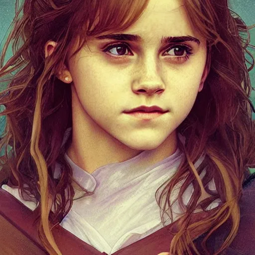 Image similar to painting. [ young ] emma watson as hermione granger 2 0 0 4. prisoner of azkaban. cheerful. happy. art by artgerm and greg rutkowski and alphonse mucha. during golden hour. extremely detailed. beautiful. 4 k. award winning.