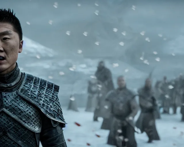 Image similar to justin sun as night king in game of thrones attacked by crimson - black bees, 4 k, epic, cinematic, focus, movie still, fantasy, extreme detail, atmospheric, dark colour, sharp focus