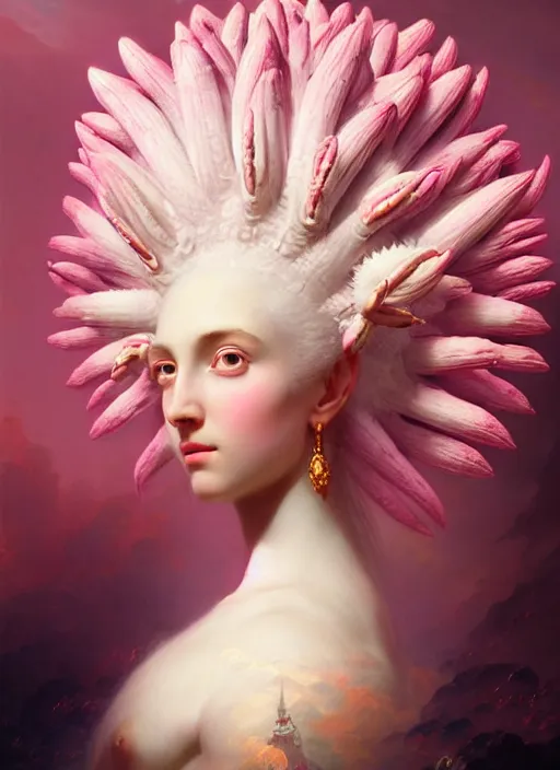 Prompt: stunning alien godess princess, detailed pink and white protea head peace against a black backdrop by ivan aivazovsky, 3 / 4 view portrait, wlop, super sharp details, photorealism, canon 5 d, 5 0 mm lens, stunning photoshot, beautiful soft lighting, muted colours, artstation