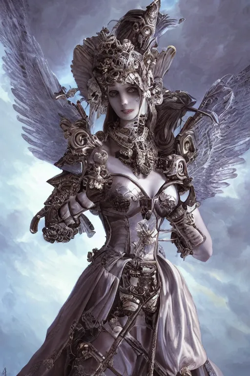 Prompt: A masterpiece ultrarealistic ultradetailed portrait of a divine archangel armored princess knight-witch-ghost with Samurai-Skull Iron mask. baroque renaissance girl in the night forest. medium shot, intricate, elegant, highly detailed. trending on artstation, digital art, by Stanley Artgerm Lau, WLOP, Rossdraws, James Jean, Andrei Riabovitchev, Marc Simonetti, Yoshitaka Amano. background by James Jean and Gustav Klimt, light by Julie Bell, 4k, porcelain skin.