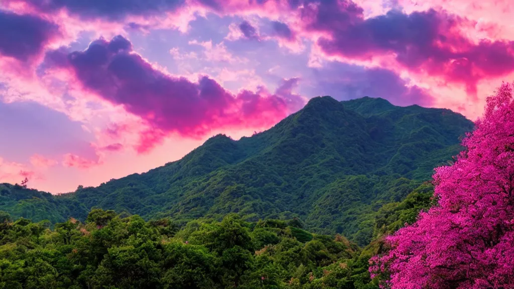 Image similar to Beautiful green lush mountains under the anime pink clouds backlit by the sun