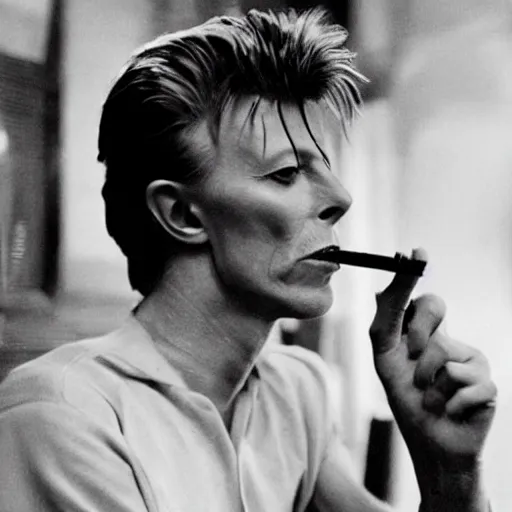 Prompt: photo of David bowie smoking a cigarette, high quality