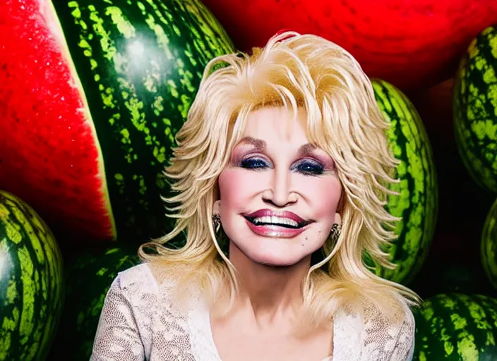 Image similar to studio portrait photo still of 2 0 year old dolly parton!!!!!!!! at age 2 0 2 0 years old 2 0 years of age!!!!!!! surrounded by watermelons, 8 k, 8 5 mm f 1. 8, studio lighting, rim light, right side key light