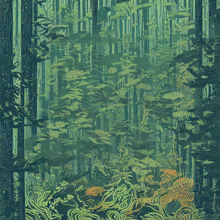 Prompt: linocut print of fantasy forest, amazing art, fern, highly detailed, color, masterpiece, by victo ngai, craig mullins