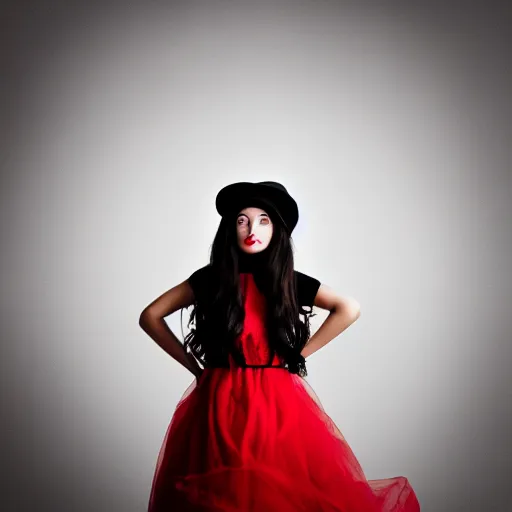 Image similar to fine art portrait photography half - length portrait of stunning girl in a red hat and black dress, kodak portra 4 0 0, 8 k, soft light, volumetric lighting, highly detailed,,