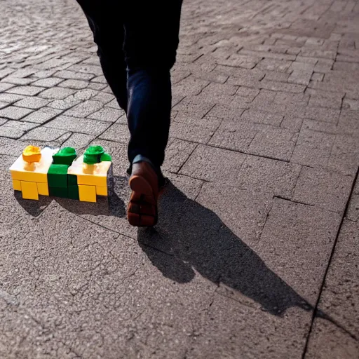 Prompt: person walking in the street in lego blocks