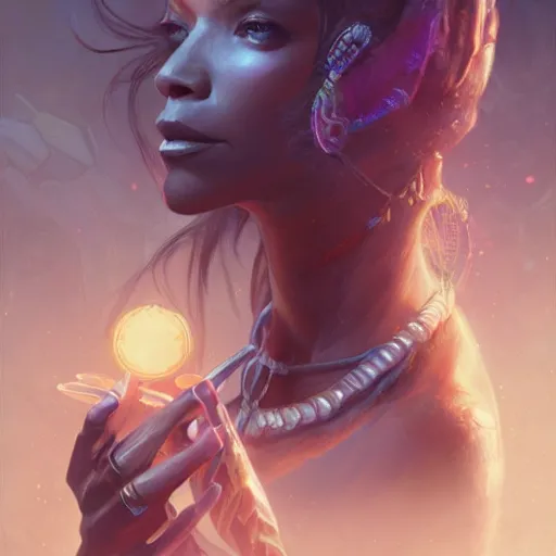 Image similar to zoe saldana, deep focus, d & d, fantasy, intricate, elegant, highly detailed, digital painting, artstation, concept art, matte, sharp focus, illustration, hearthstone, art by artgerm and greg rutkowski and alphonse mucha