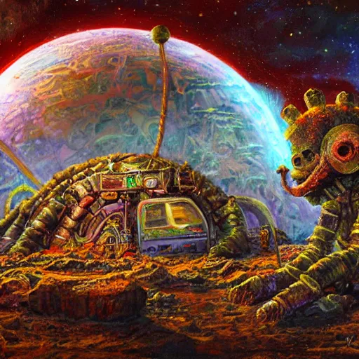 Image similar to astronauts land on ancient post - apocalyptic planet, jim henson creature shop, vivid and colorful, thomas kincaid, cinematic, oil painting, highly detailed, illustration