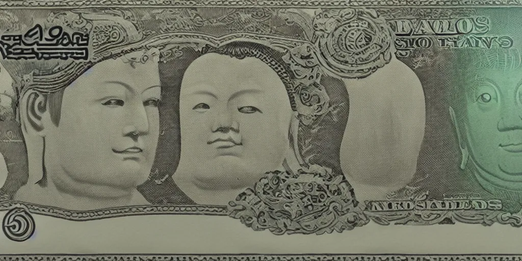 Prompt: 5 dollar bill with a buddha on it, high details