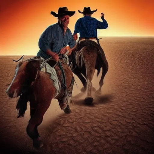 Image similar to “ fred flintstone and barney rubble riding horses, cowboys in the desert, hyper realistic, award winning, cinematic. ”