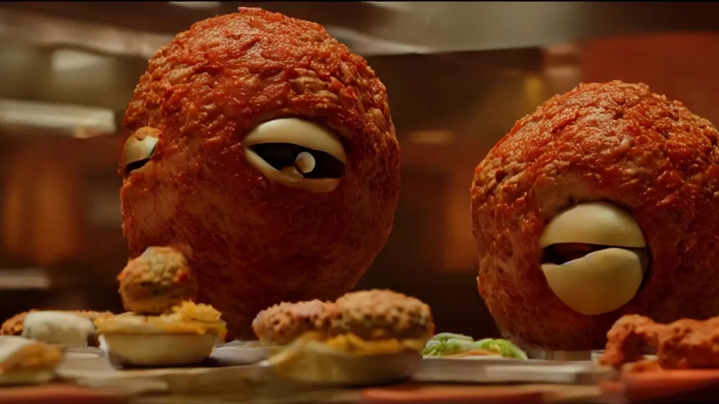 Prompt: the strange meatball creature at the fast food place, film still from the movie directed by denis villeneuve and david cronenberg with art direction by salvador dali and zdzisław beksinski, wide lens