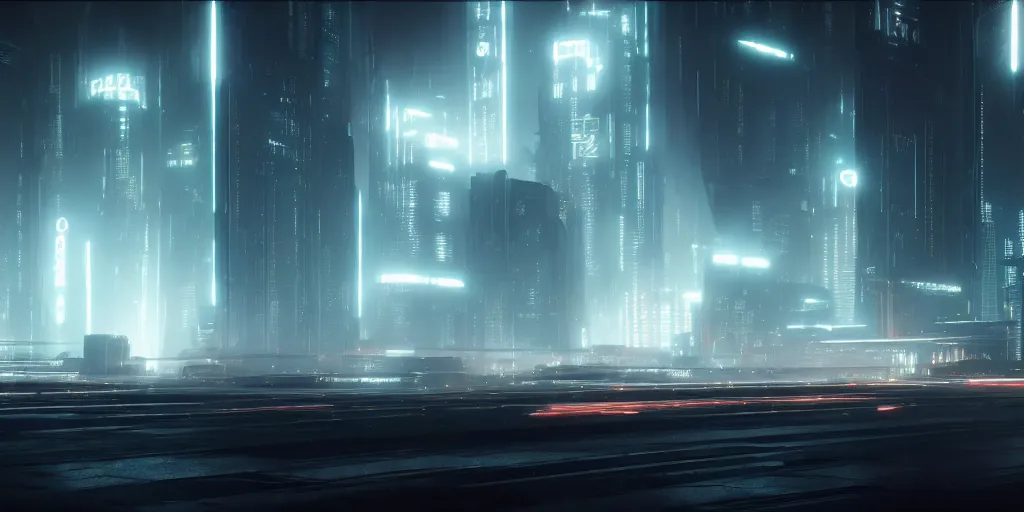 Image similar to a wide angle view of a steamy technopunk city, in the style of tron legacy, concept art, desaturated, cinematic, film noir, ominous, darksynth, illuminated lines, outrun, misty, octane render, by zack snyder and jeremy mann, 8 k